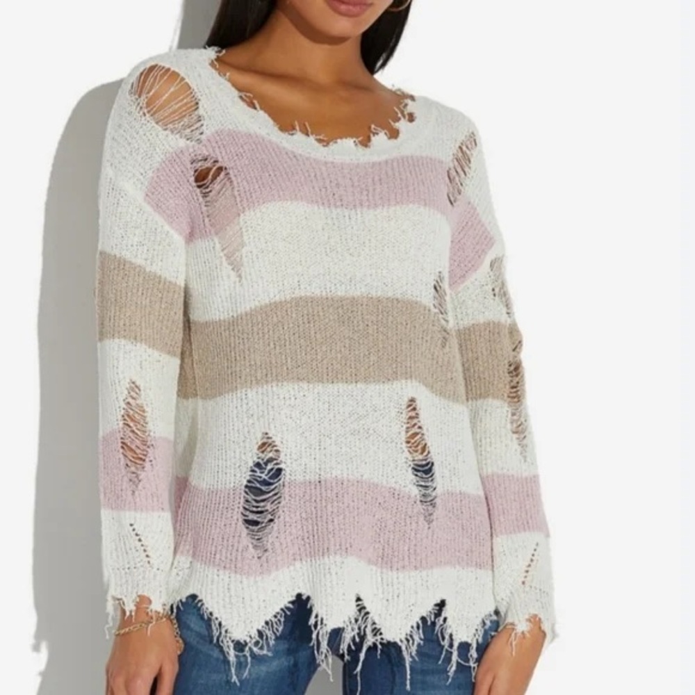 POL Striped Distressed Long Sleeve Sweater